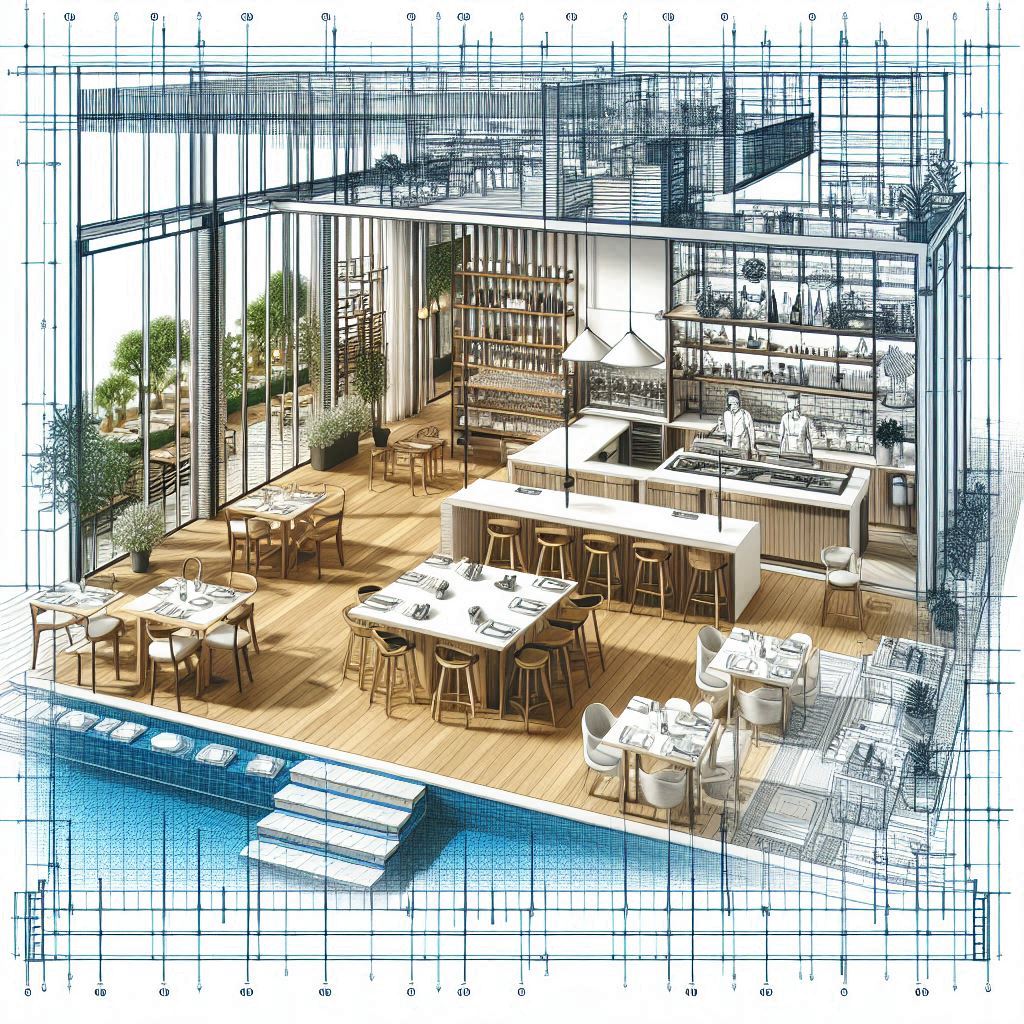 A modern restaurant interior blueprint with stylish decor, featuring customers dining and a vibrant, inviting ambiance.